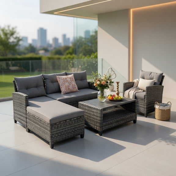 Resenkos 4-Piece Gray Outdoor Rattan Patio Furniture Set – PE Wicker Loveseat, Lounge Chair, Single Sofa & Tempered Glass Coffee Table with Weather-Resistant Cushions