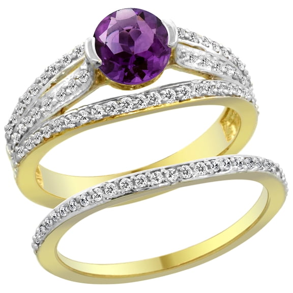14K Yellow Gold Natural Amethyst 2-piece Engagement Ring Set Round 6mm, size 9