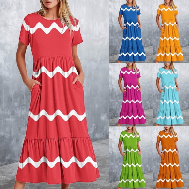 Sentmoon Robes Boho Col Rond Coupe Régulière Respirantes Robes Soleil Femmes Imprimé à Rayures Manches Courtes Été 2026 Affaires avec Poches Robe Fluide Tendance pour Sortir et Fête S