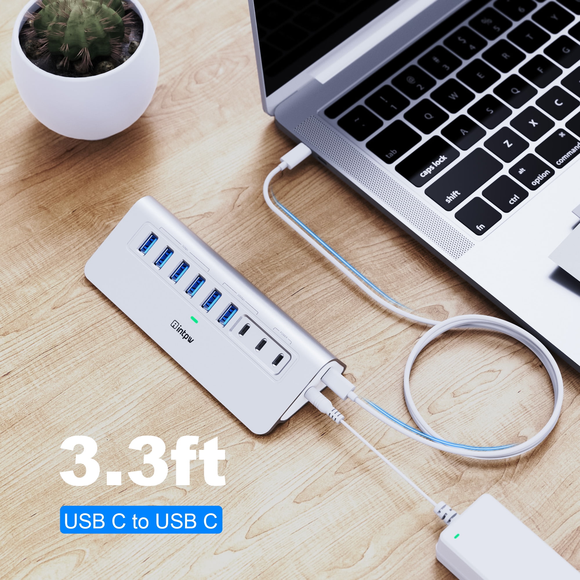 INTPW Powered USB C Hub for Laptop, 9-Port USB Hub with 10Gbps Data Transfer, 45W PD Charging, USB C and USB A Ports for MacBook and PC