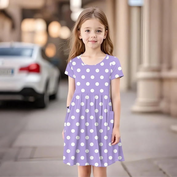 Kids A Line Sundresses Polka Dot Stripe Print Short Sleeve Outdoor Holiday Casual Girls Dresses