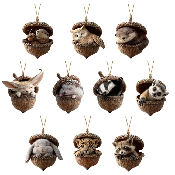 10 Pack Forest Animal Series Christmas Ornaments - Cute Forest Acorn Xmas Hanging Ornaments, 2025 Pine Cone Accessories for Christmas Tree, 2D Acrylic Flat Hanging Ornament Home Party Decor