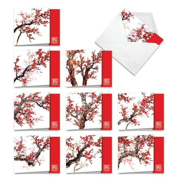 10 Chinese New Year Cards Pack - Chinese Cheers And Cherries