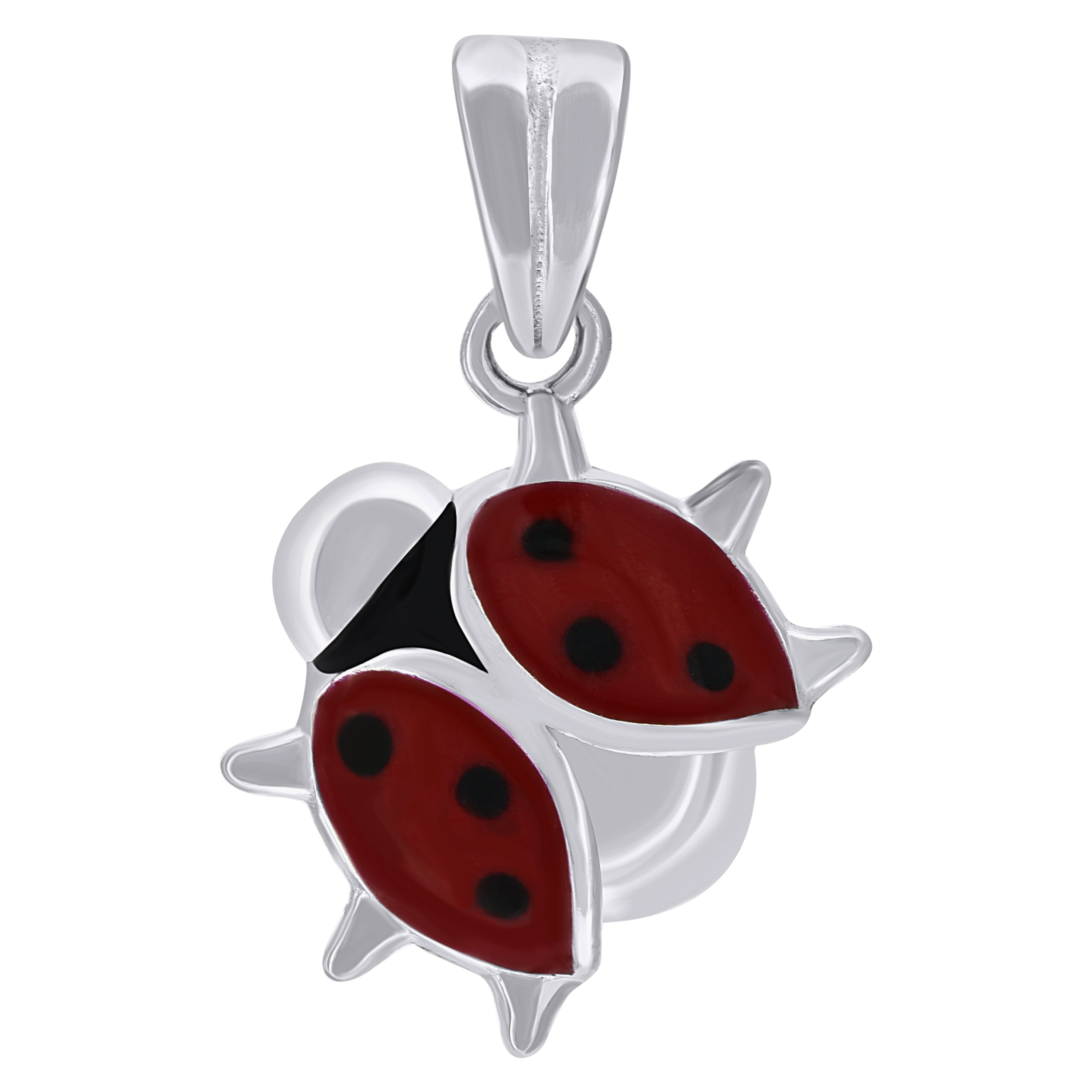 925 Sterling Silver Red Ladybug Ladybird & Heart Pendant  on Silver Curb Chain 