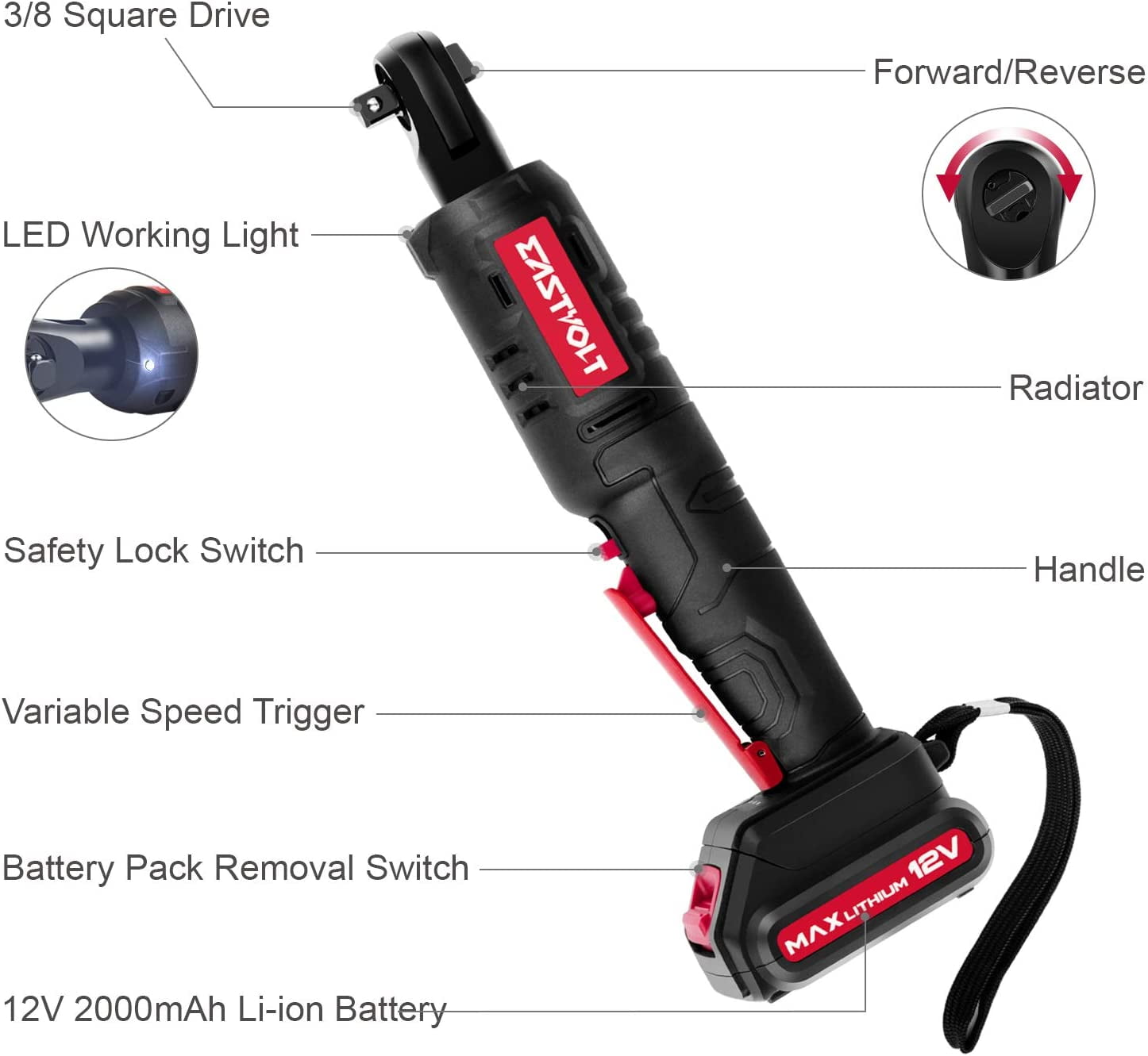 Eastvolt 12V Cordless Electric Ratchet Wrench Set, 3/8" Electric Ratchet with 7-Piece Metric Sockets and 1/4" Adaptor