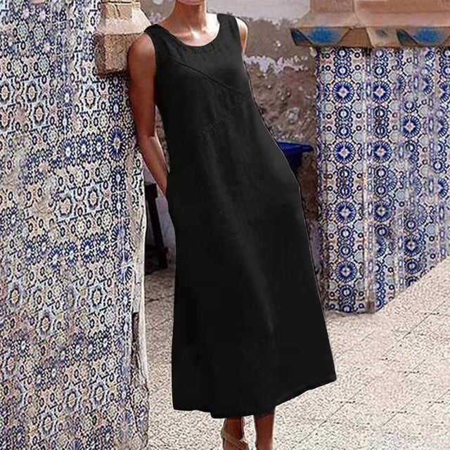 EGNMCR Robes de Fête pour Femmes Robe Débardeur Décontractée Sans Manches de Printemps/été pour Femmes, Unie, avec Poches, Col Rond, Plissée, en Coton et Lin