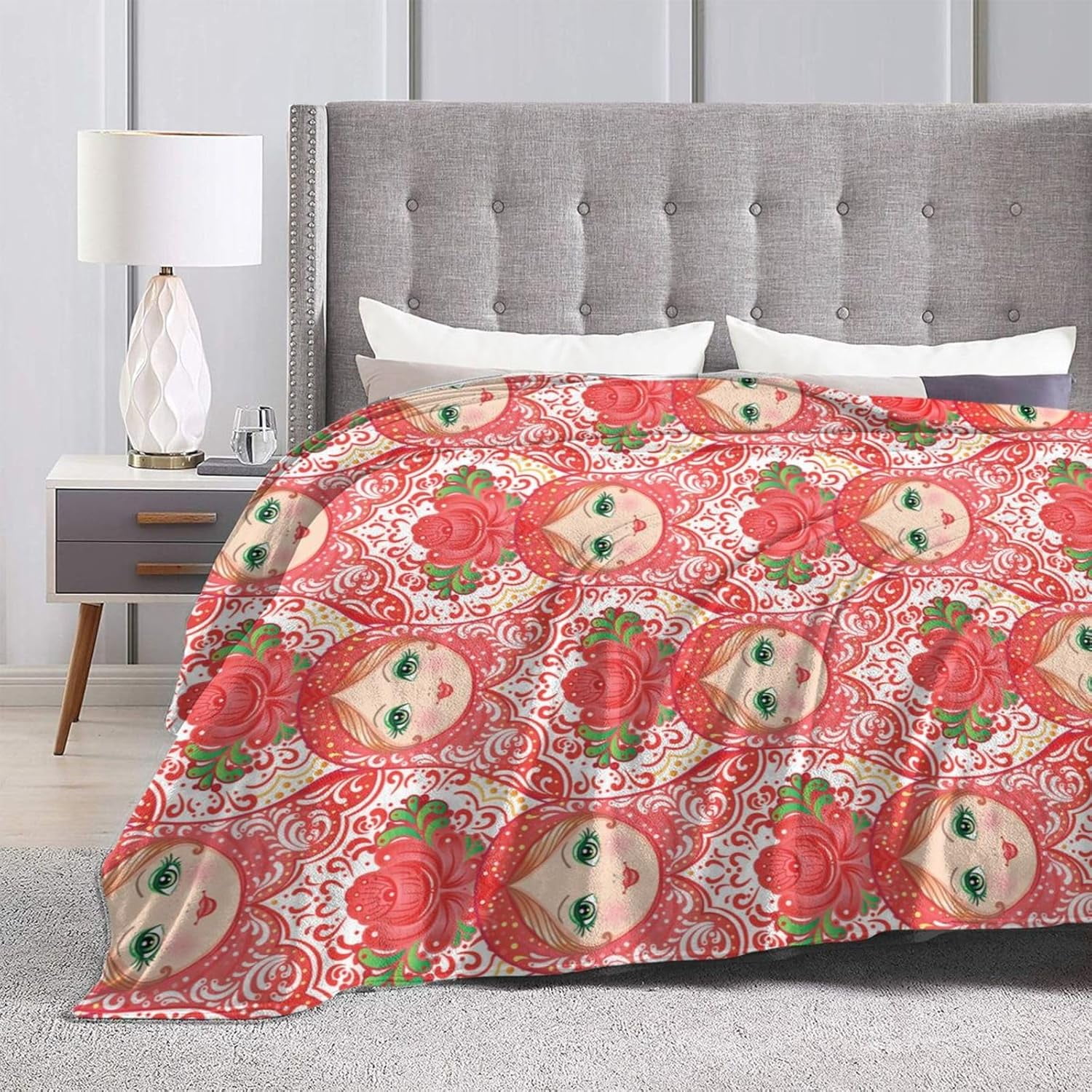 Traditional Russian Nesting Doll with Flowers Bed Blanket Ultra Soft Throw Blanket All Season Warm Light Weight Cozy Plush Blankets for Home Bedroom Sofa Chair Travel, 60"X80"