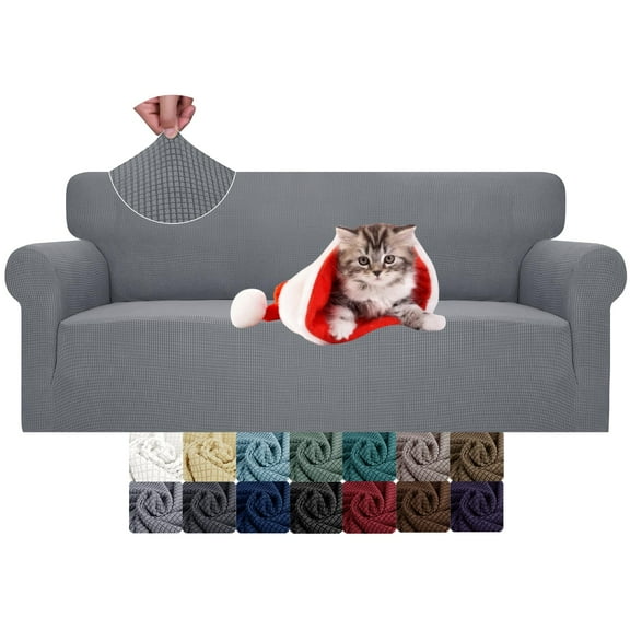 High Stretch Couch Cover for 3 Cushion Sofa, 1-Piece Jacquard Slipcover with Elastic Band, Anti-Slip Foam Sticks, Washable Furniture Protector, Light Gray