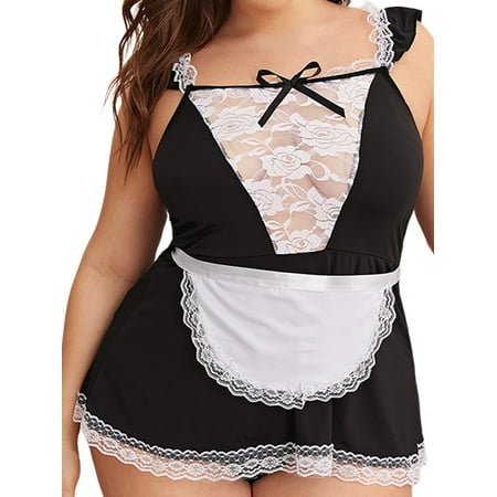 

Capreze Ladies Cosplay Outfit 2 Pieces Lingerie Set Babydoll Sexy Maid Dress Plus Size Women Lace Up With Panties Bow See Through Black 2XL