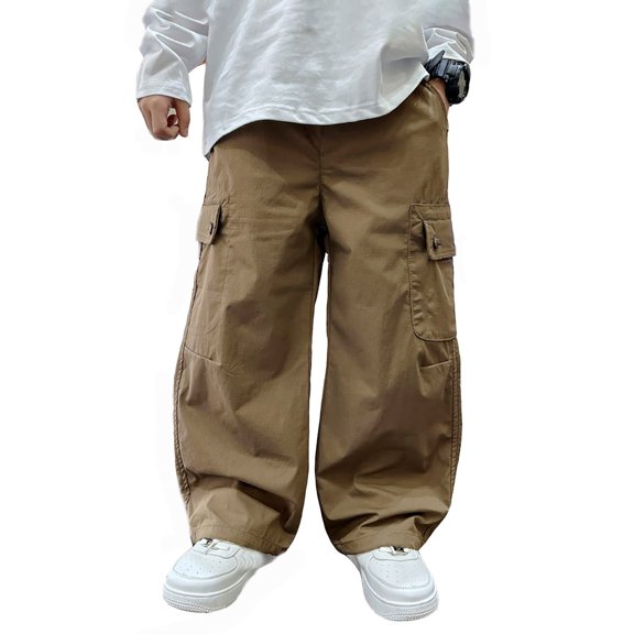 Gyexs Boys Cargo Pants Pull On Elastic Waist Wide Leg Baggy Sweatpants Athletic Hiking