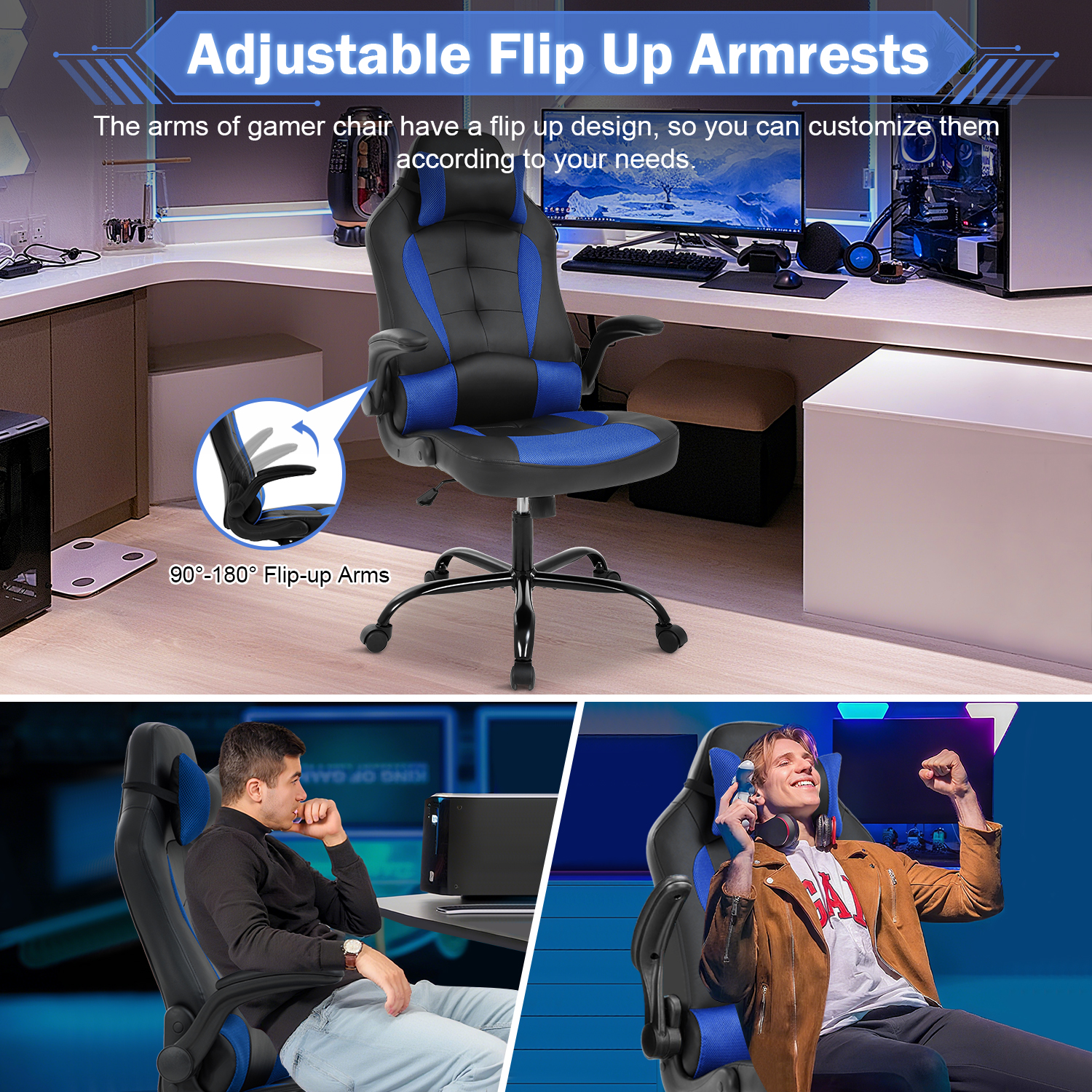 Video Game Chair High Back Gaming Chair PU Leather Racing Chair with Headrest Lumbar Support & Flip-up Arms , Adjustable Gamer Chair for Adults & Kids, Blue