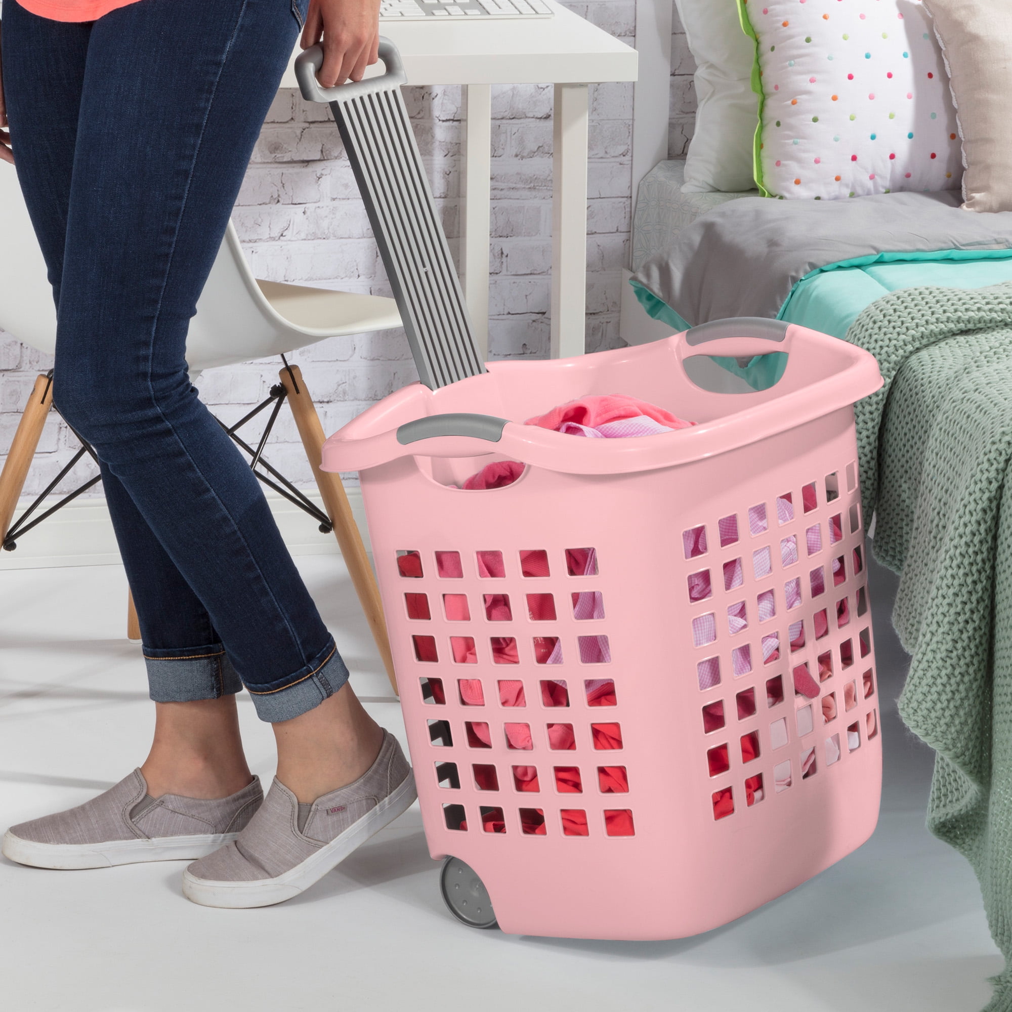 Sterilite Ultra Wheeled Laundry Basket, 1.7 Bushel with Handles, Pink Frost, 4 Pack