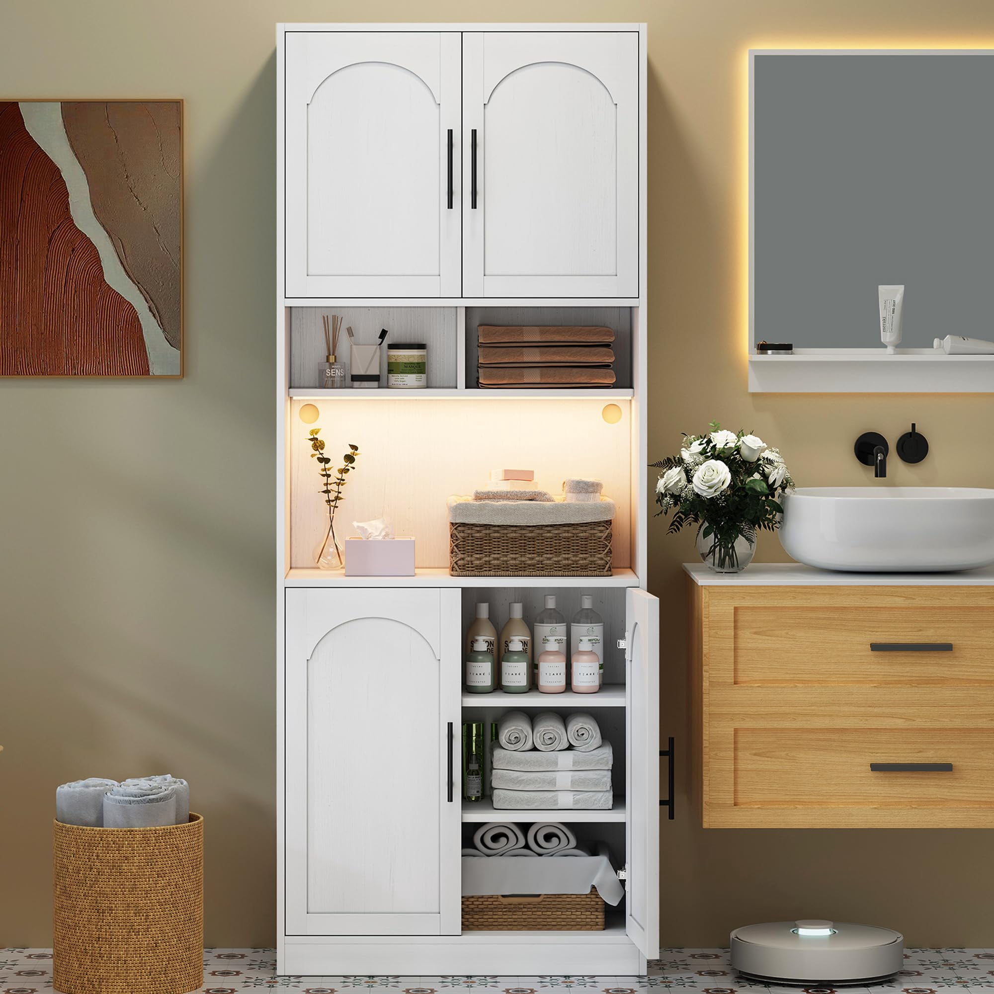 Huisuilinss Kitchen Pantry Storage Cabinet,71" Tall Kitchen Pantry Cabinet With Microwave Shelf And LED Light,Freestanding Hutch With Door And Shelve For Dining Room Living Room Bathroom