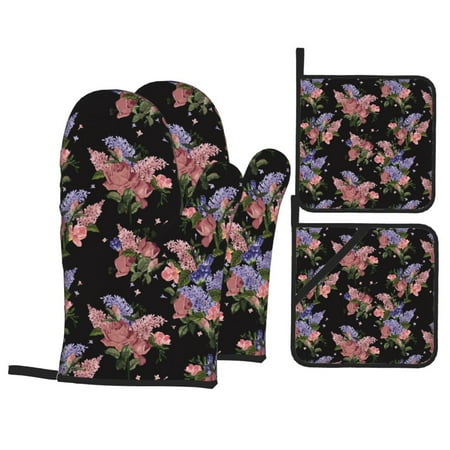 

Oven Mitts and Pot Holders 4 pcs Set Bouquet Heat Resistant Pot Holders Oven Mitts for kitchen Non-Slip Hanging Loop Oven Glove Potholders for Baking Cooking