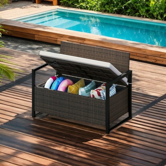 Spaco Patio Storage Bench, Loveseat Bench for Patio, Garden, Backyard, Mix Brown and Off White