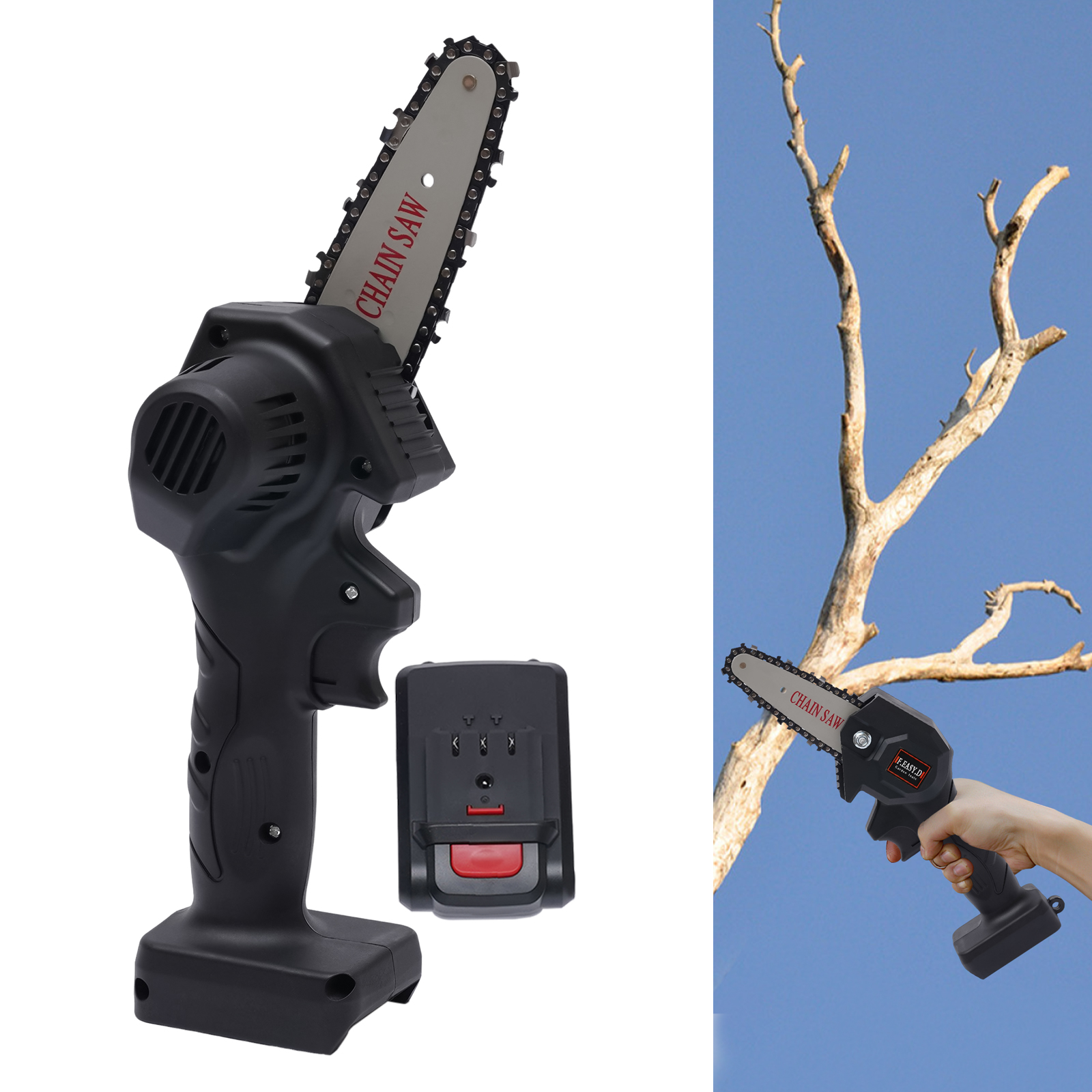 Mini Chainsaw Cordless - 4-Inch Power Chain Saws - Portable Handheld Power Saw - with Security Lock - for Tree Trimming and Wood Cutting