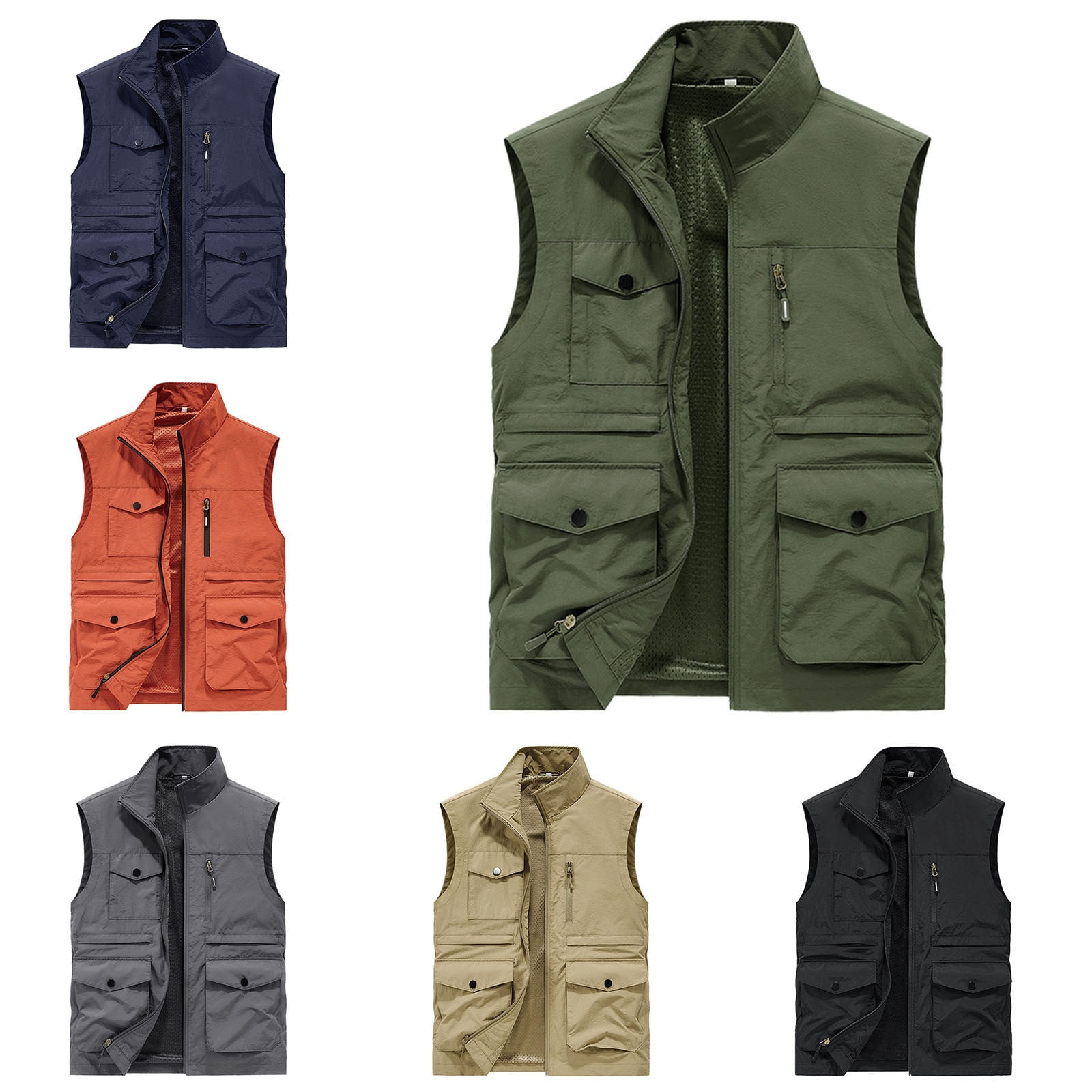 Zysthvn Mens Jackets Lightweight Casual Cargo Plus Size Winter Vest for Men with Pockets Solid Stand Collar Outdoor Vests Dark Blue XXXXL