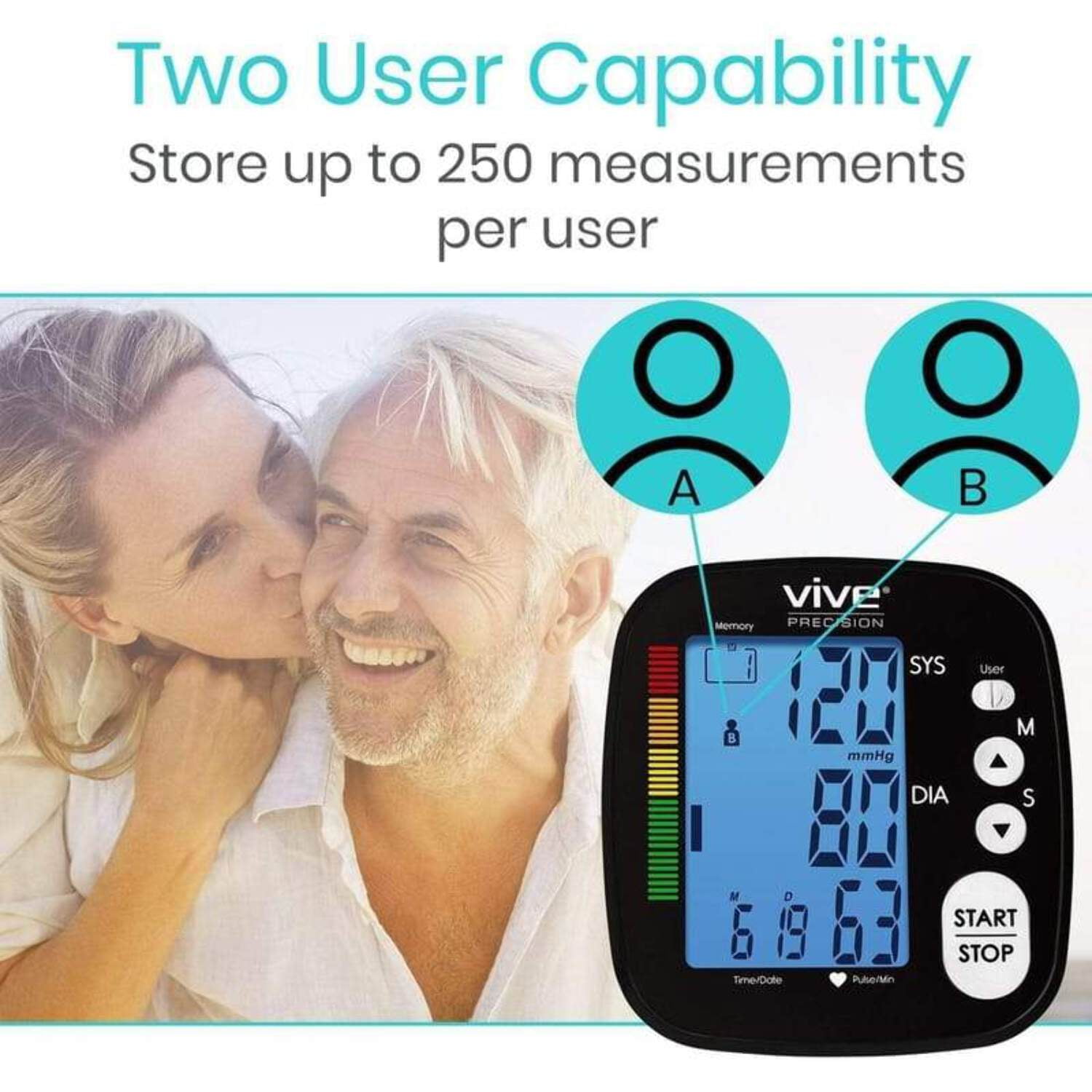 Vive Precision Blood Pressure Monitor – Automatic Upper Arm BP Machine with App for iOS & Android, Large LCD Display, Accurate Heart Rate Sensor, Portable for Home Use, Silver