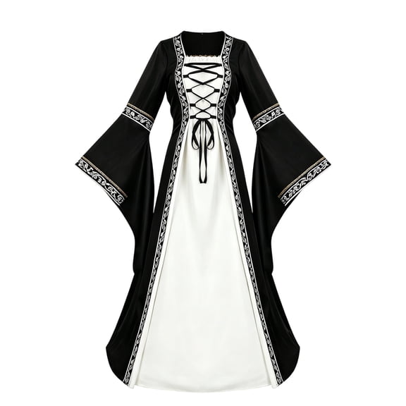 Domzest Medieval Dress for Women Vintage Renaissance Costumes Lace Up Bell Sleeve Square Neck Dresses Halloween Maxi Dresses Black L