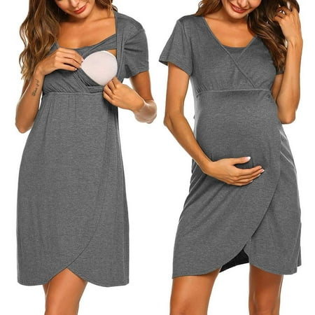 

CHGBMOK Maternity Dresses Women Solid Short Sleeve Breast-Feeding Pregnant Maternity Dress on Clearance