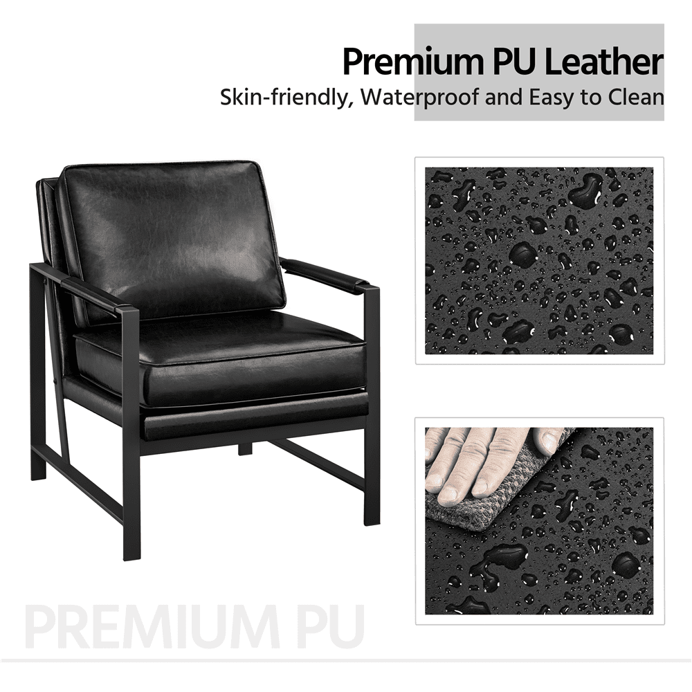 Alden Design Retro PU Leather Modern Accent Chair with Metal Arms for Livingroom, Black