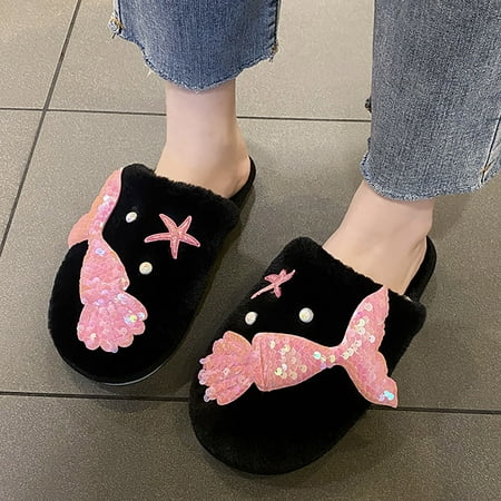 

Summer Slippers For Women Beach Accesseories Flip Flops For Women Fashion Winter Women Slippers Round Toe Flat Bottom Non Slip Plush Warm And Comfortable Solid Fishtail Pattern Sequins Swimming Pool A