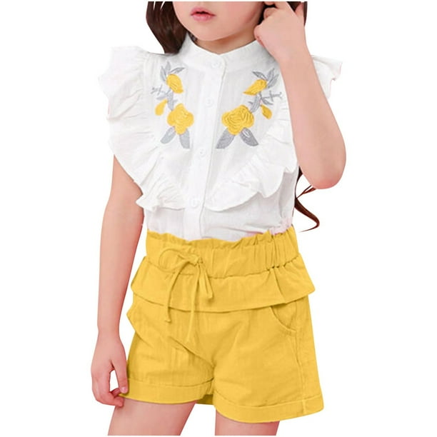 Odeerbi 2-8 Años Niñas Trajes de Verano Camisetas de Tirantes de Algodón Con Volantes Bordados Pantalones Cortos Conjunto de Dos Piezas Sin Mangas