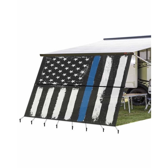 4th of July RV Awning Sun Shade Screen 9'X15.3' American USA Flag Mesh Sunscreen Black White And Blue Line Awning Shade Screen with Zipper UV Blocker Completed Kits for RV Motorhome Camper Trailer