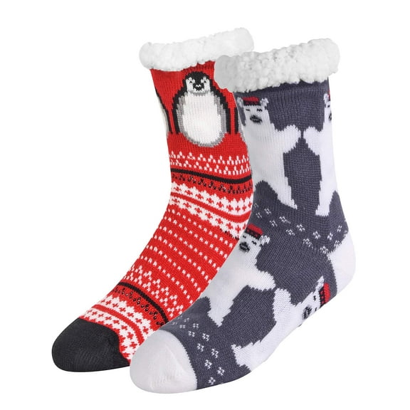 Polar Bear & Penguin Non-Skid Thermal 2-Pack Winter Slipper Socks