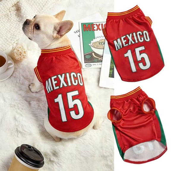 FENGGHAO Red Mexico Dog Soccer Jersey, Breathable Pet Sportswear with Red Striped Design, Loose Fit Athletic Shirt for Dogs and Cats