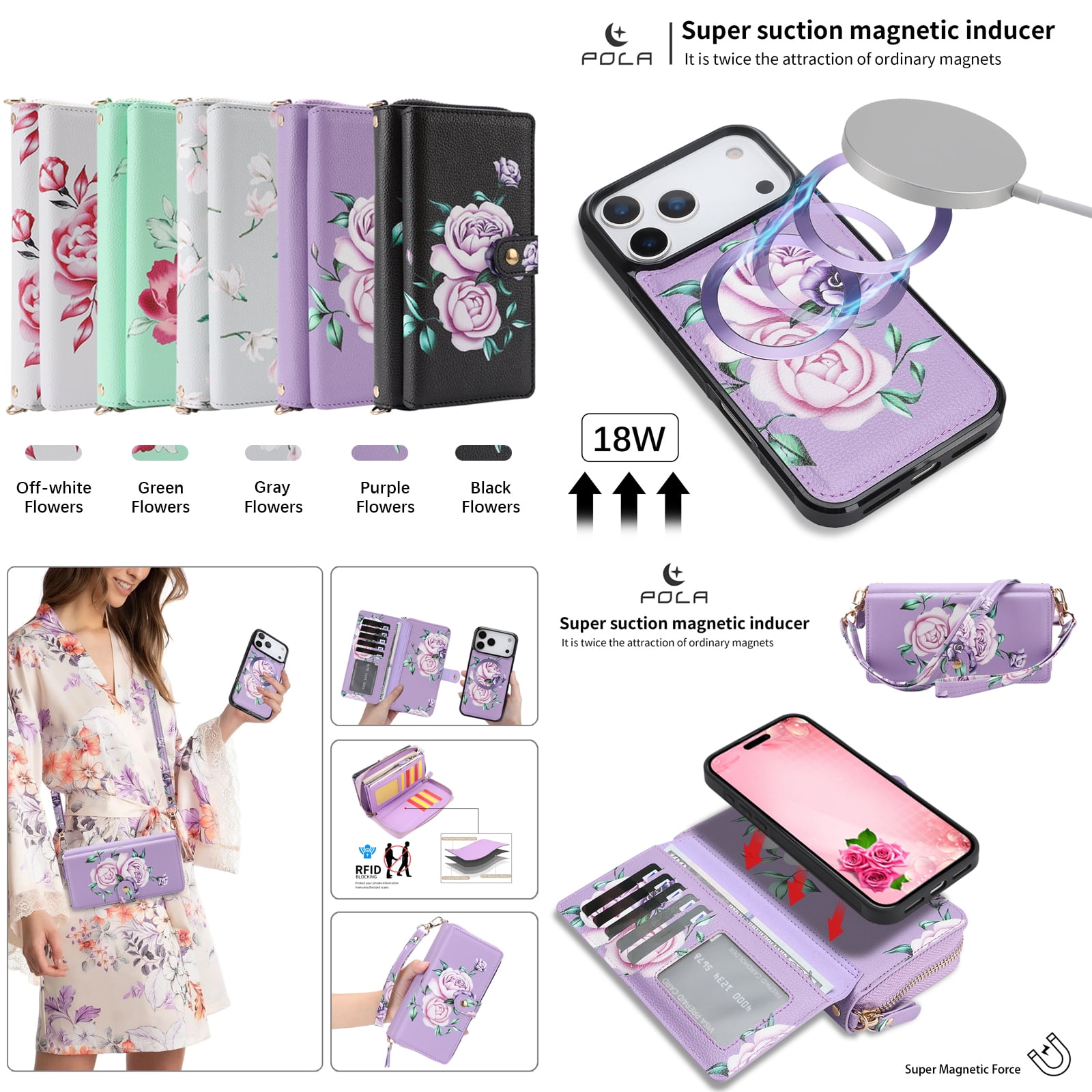 TECH CIRCLE 2-in-1 Wallet Case for iPhone 16 Pro (6.3", 2024), Detachable Magnetic Back Cover, Flip Flower Phone Case with 15 Card Slots, Zipper Pocket, Crossbody Strap, Wrist Strap, Purple
