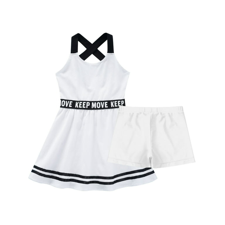 YEAHDOR Kids Girls Sports Suit Straps Cross at Rear A-Line Dress with  Shorts Set Gym Tennis Volleyball Outfit White 14 
