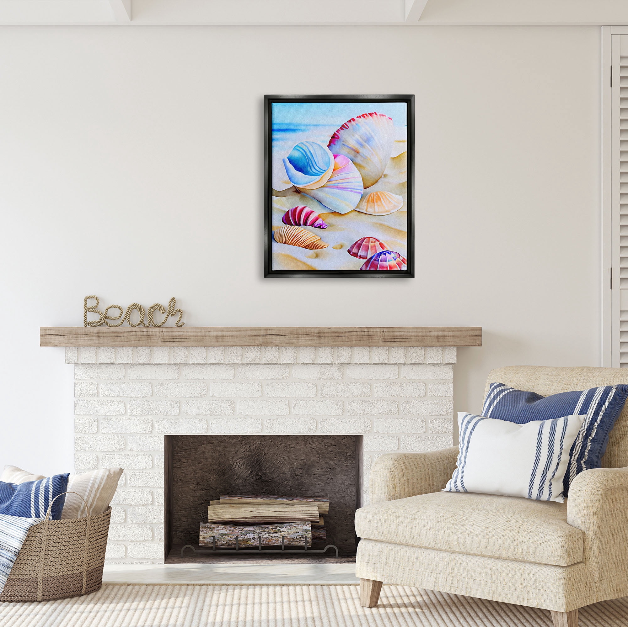 Stupell Industries Vibrant Seashells on Beach Nature Painting Black Floater Framed Art Print Wall Art, 25 x 31