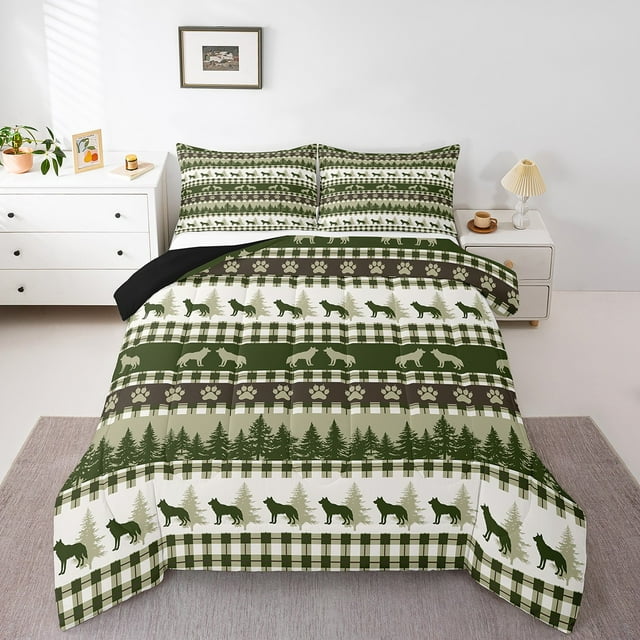 Wolf Wild Animal Comforter Set Full,Geometric Bear Paw Print Down Comforter,Botanical Pine Tree Woodland Bedding Set Lightweight,Rustic Checkered Buffalo Plaid Soft Cozy Duvet Insert,Reversible