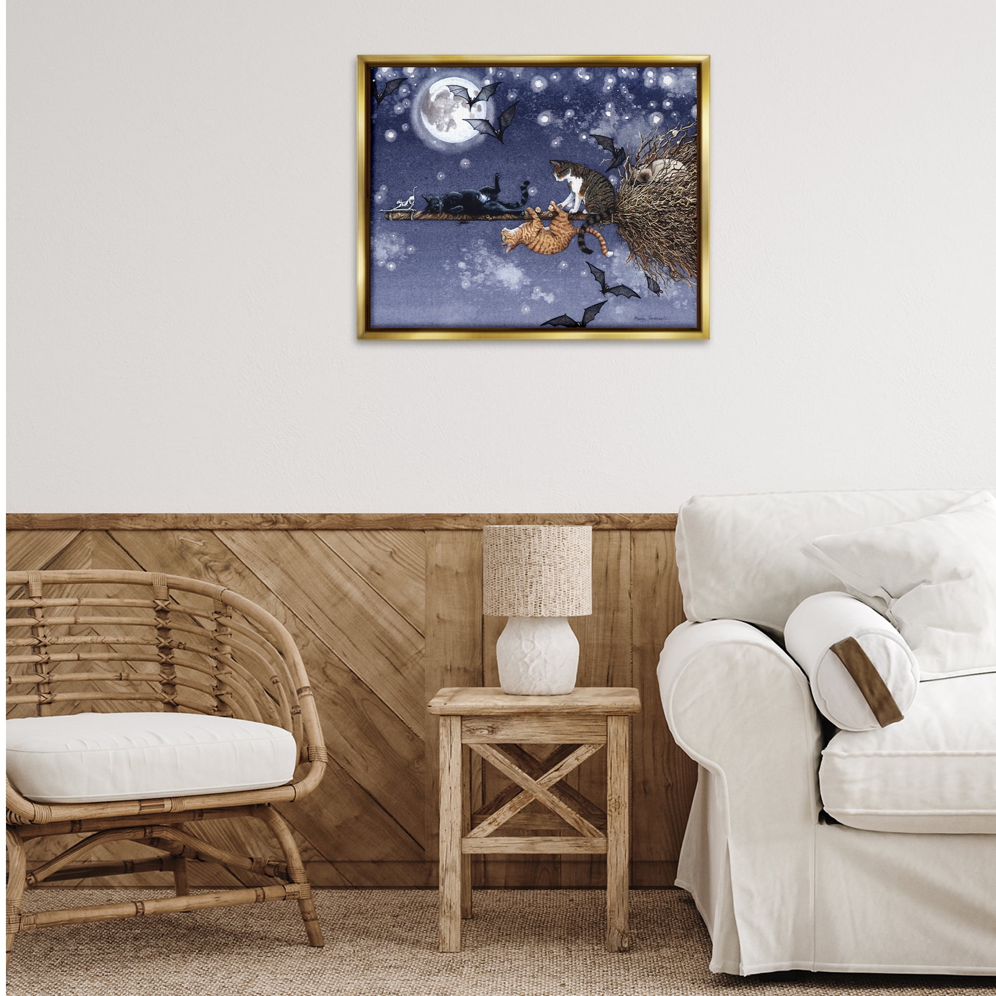 Stupell Industries Joyriding Cats on Broom Holiday Painting Gold Floater Framed Art Print Wall Art, 31 x 25