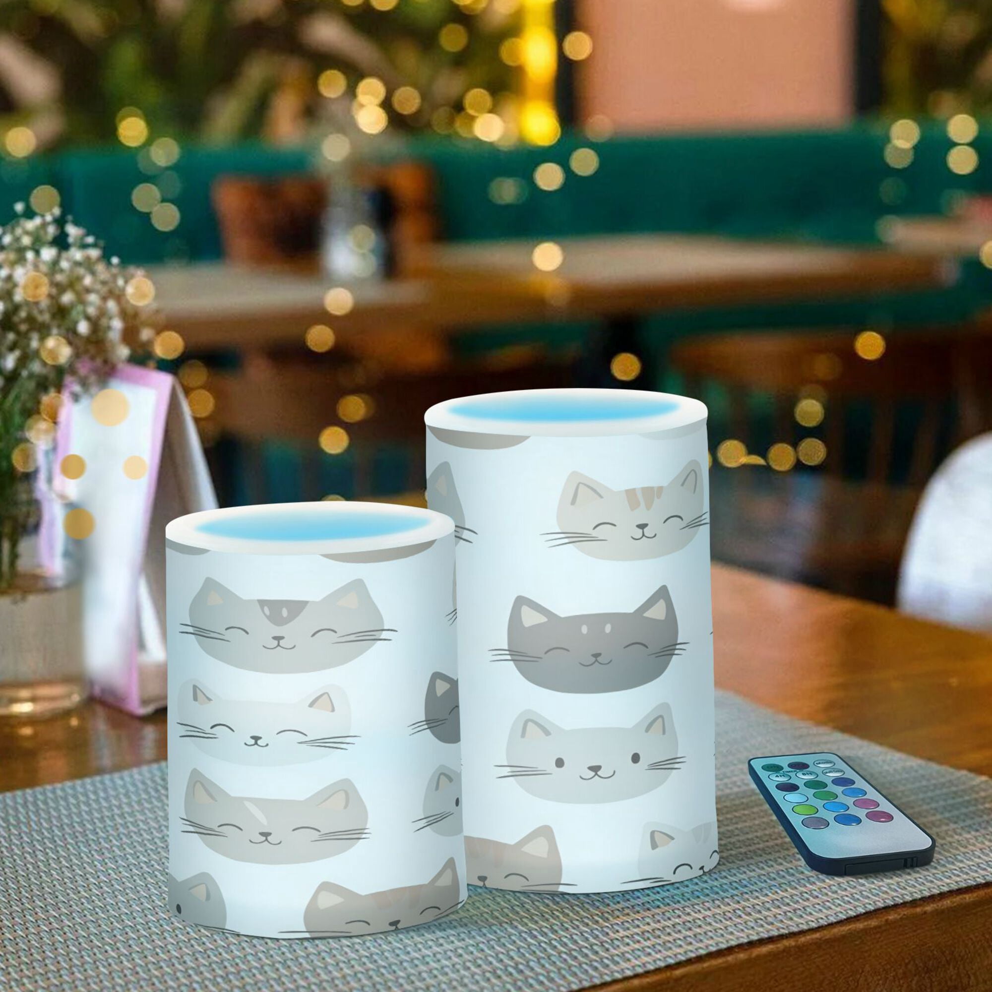 Yayeee Flameless Candles with Remote Flickering Battery Operated Multi Color Changing, Light Gray Cat Pattern