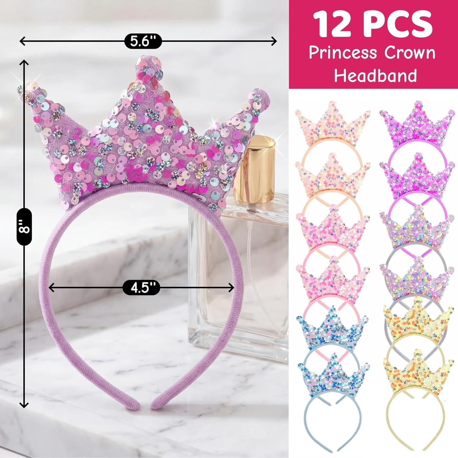 12 Pack Princess Crown Headband, Glitter Sequin Crown Headband, Shiny Tiaras and Crowns Hair Accessories for Birthday Party, Gifts