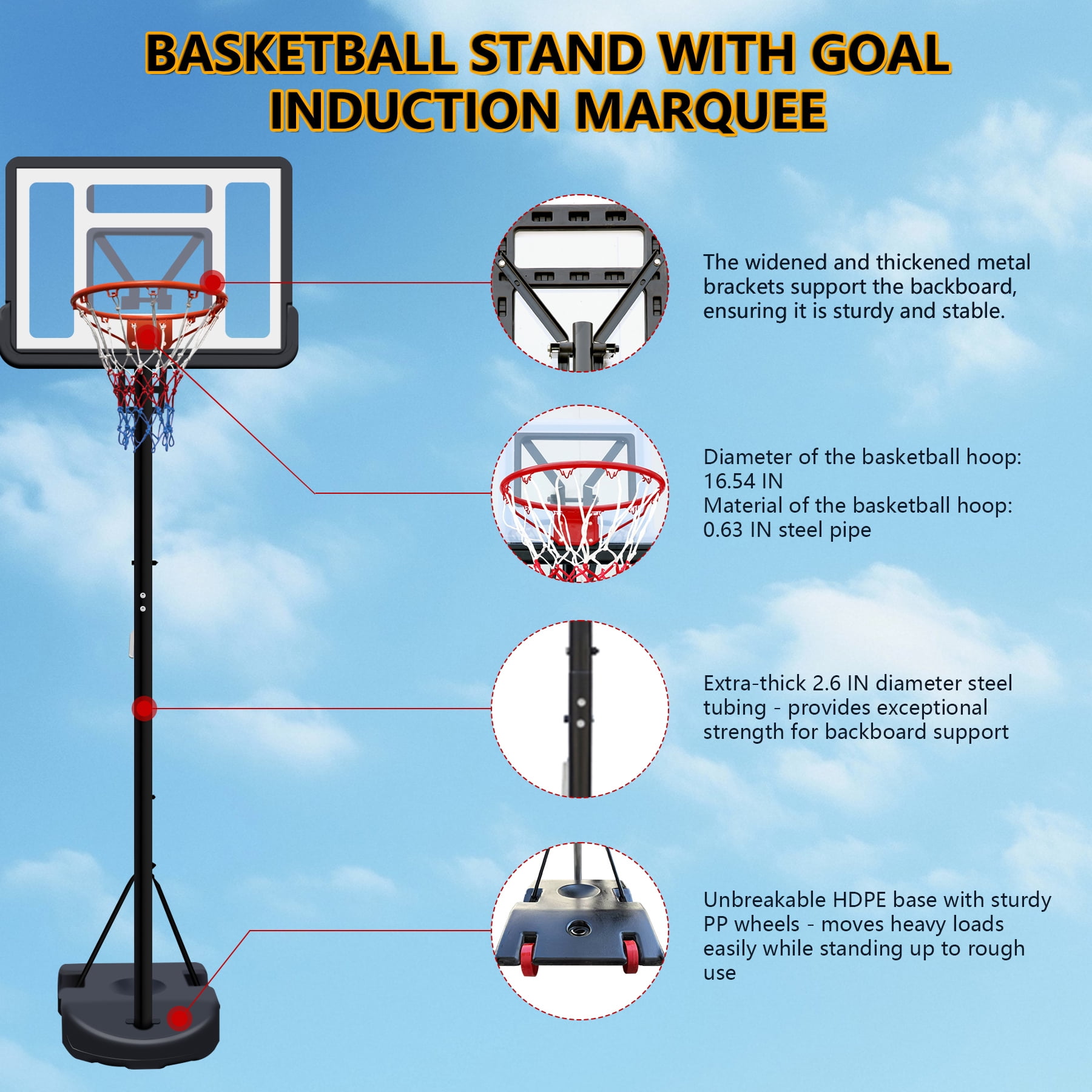 34 inch Portable Basketball Hoop, Adjustable Height 6.89 ft to 10.01 ft, Backboard with Rebound System, Indoor/Outdoor Basketball Goal with Water/Sand Base, Wheels for Easy Move, Black