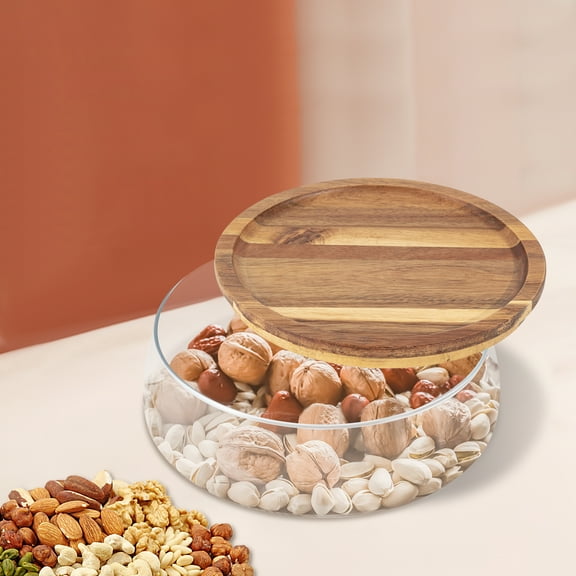 Glass Candy and Nuts Serving Container with Wooden Lid, Round Food Storage Platter, Snack Tray Bread Plates Salad Fruit Vegetable Large Bowls