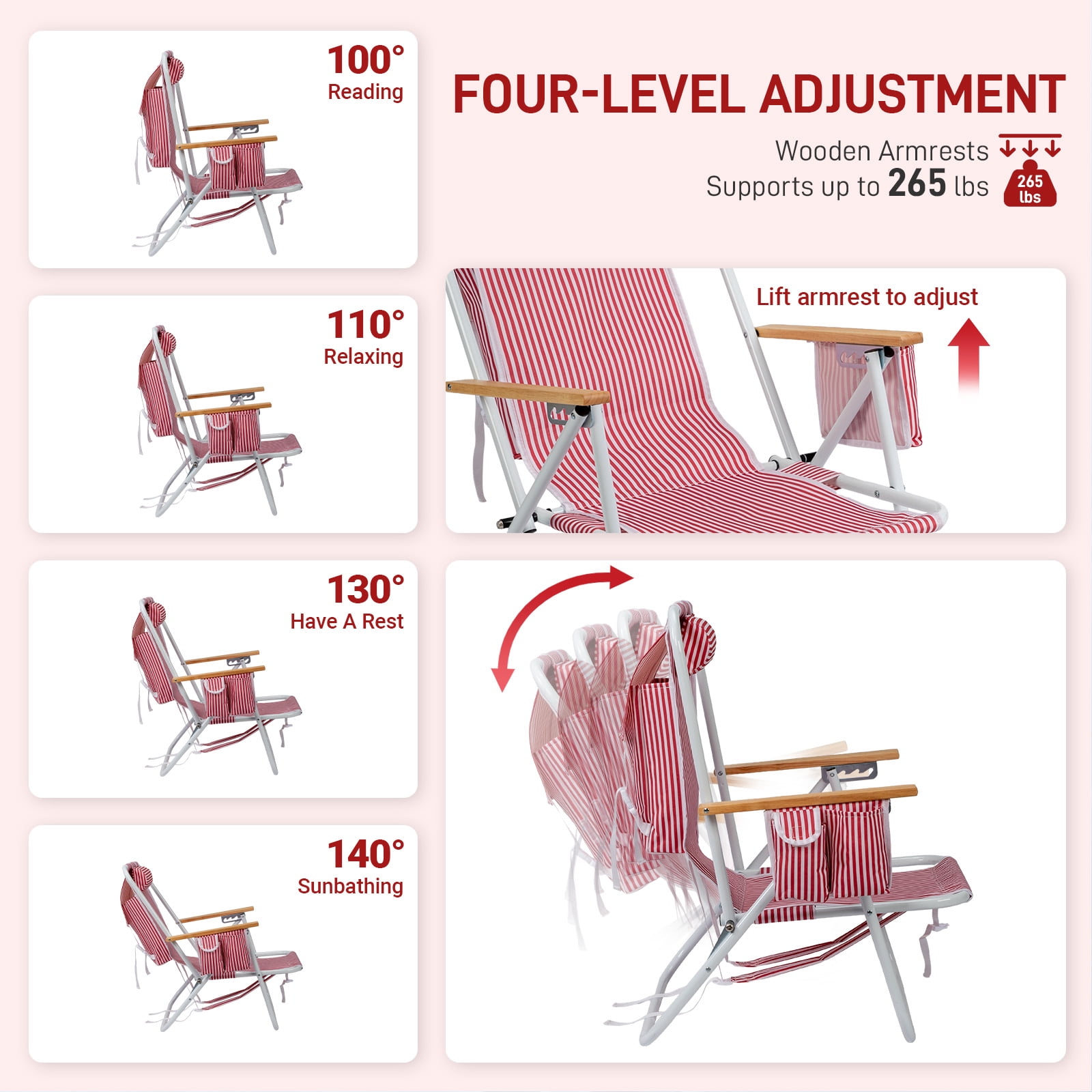 4-Position Adjustable Backpack Beach Chair, Foldable Rustproof Aluminum Frame Lounge Chair with Wooden Armrest, Side Storage Pockets & Detachable Pillow, 24"x22"x37"