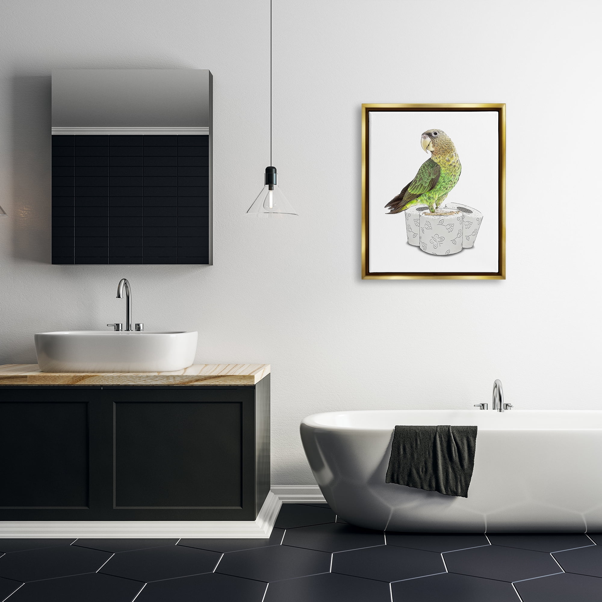 Stupell Industries Parrot Perched Toilet Paper Rolls Animals & Insects Painting Gold Floater Framed Art Print Wall Art