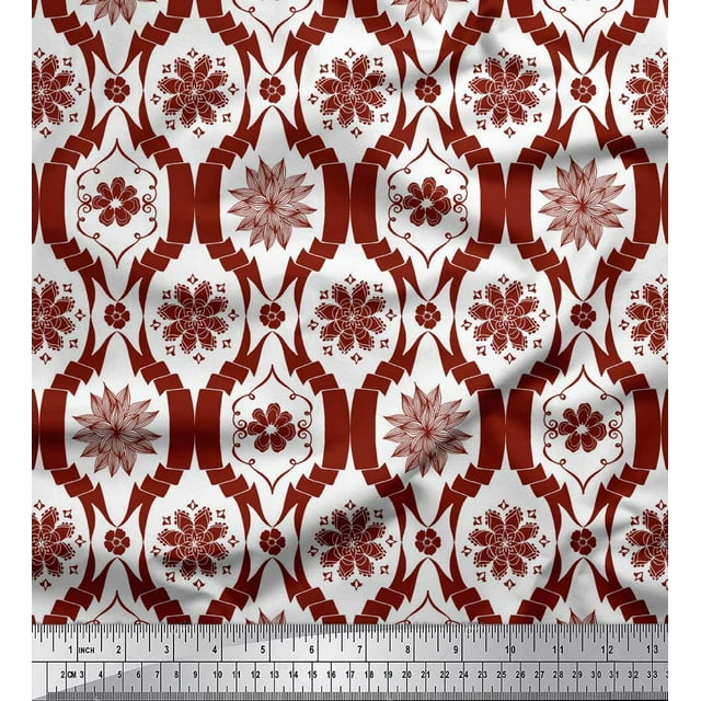 Soimoi Red polyester Crepe Fabric Floral Damask Fabric Prints By Yard 42 Inch Wide