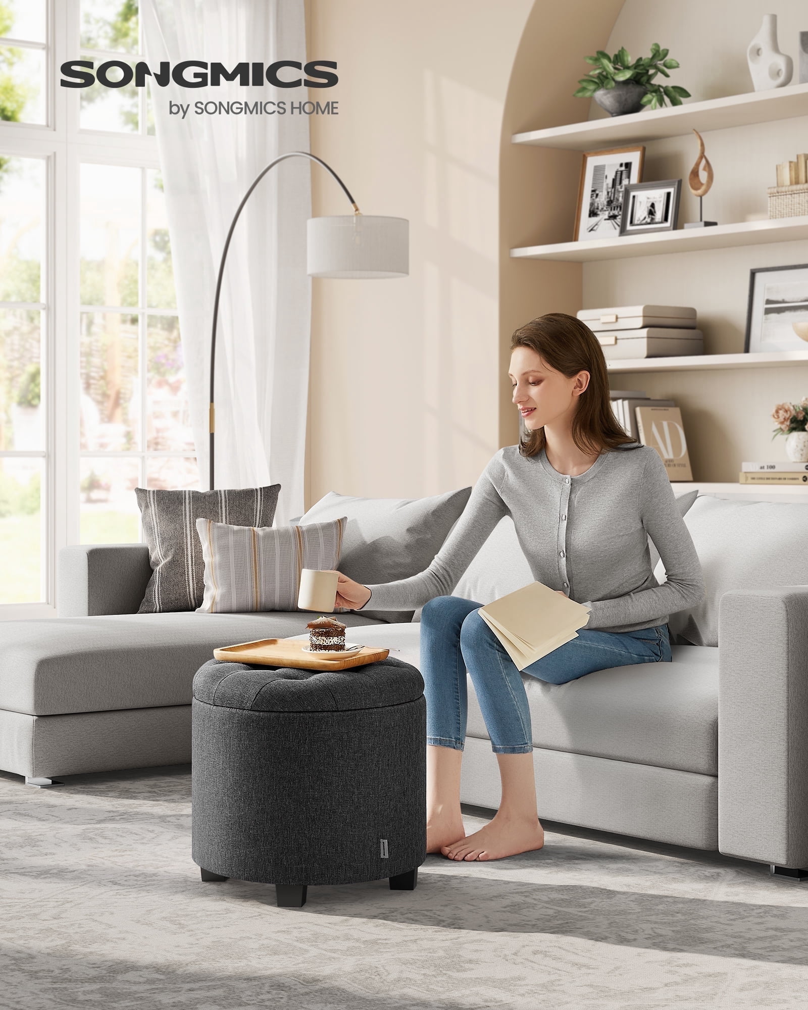 SONGMICS Round Storage Ottoman with Sturdy Legs, 17.7 Inch Diameter Foot Rest, Footstool Holds 330 lbs, Dark Gray