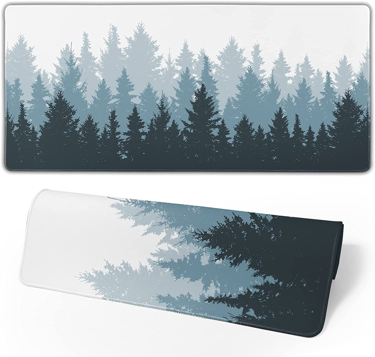 Forest Mouse Pad 35.4 X 15.7 Inch XXL Cool Design Black Gray Blue Abstract Watercolor Print Full Desk Mousepad Extended Large Non-Slip Rubber Base Keyboard Mat with Stitched Edges for Gaming Office