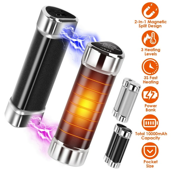 10000mAh Split-Magnetic Handwarmers 2 in 1 Portable Electric Heater Power Bank Portable Charger with 3 Heating Levels for Camping Hunting Fishing Skiing 2 Packs, Black