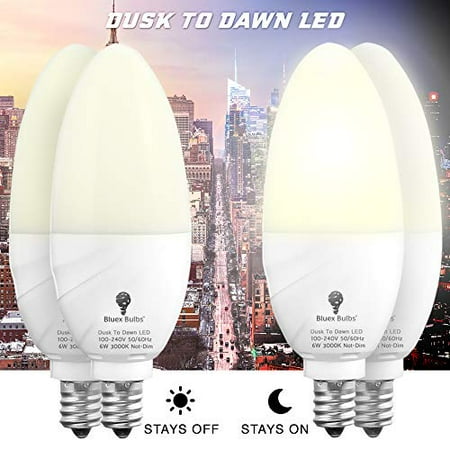 

4 Pack Bluex Dusk to Dawn LED Bulbs 6W E12 Base Light Bulb - 65W Equivalent – 3000K WarmLight White - Smart Light Sensor Candelabra Bulb Home Security Indoor Outdoor Driveway Yard Porch Lighting