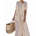 thumbnail image 2 of Women'S Elegant Short Sleeve Ribbon Pocket Flared Maxi Dress Casual Loose Fit Summer Dress Beige L, 2 of 7