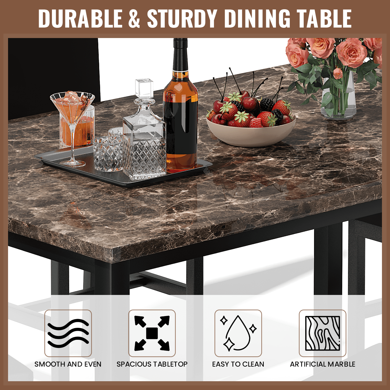 Cvortll Dining Table Set for 4, Modern Faux Marble Kitchen Table Set with 4 Leather Upholstered Chairs, 5-Piece Dinette for Dining Room, Nooks
