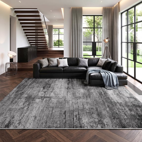 8'x10' Modern Area Rug, Machine Washable, Non-Slip, Low Pile, Lightweight, Modern Abstract Decor for Living Room Bedroom Dining Room Office (Black&Grey)