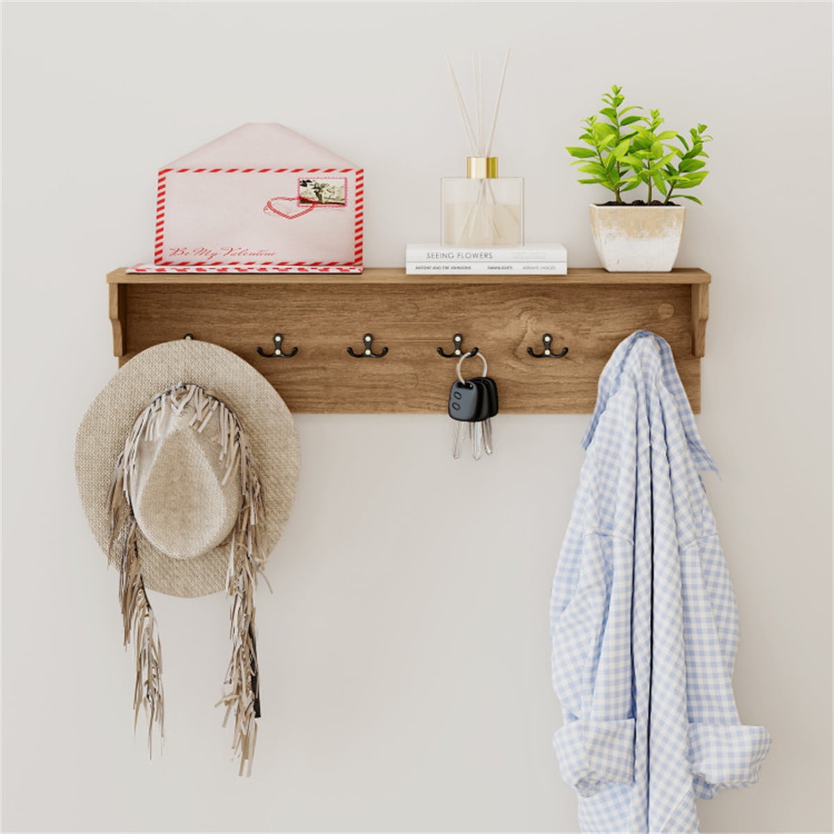 Natural Wood Wall Mount Coat Rack with Shelf 6 Hooks Entryway Organizer Floating Shelf for Keys Hats Bags Towels 110 lb Capacity Mudroom Bathroom Bedroom Storage Space Saving 31.5In Rustic Home Decor